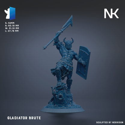 A 3D model of a warrior figure, specifically the Gladiator Brute, standing on a base and holding a shield and a sword.
