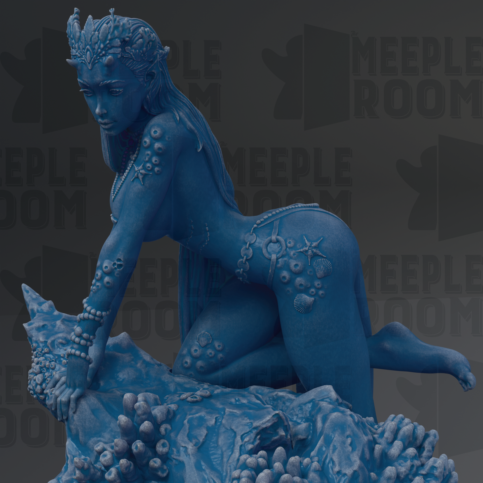 A blue, sculpted statue of a mermaid or sea deity, with intricate details and patterns covering her body.