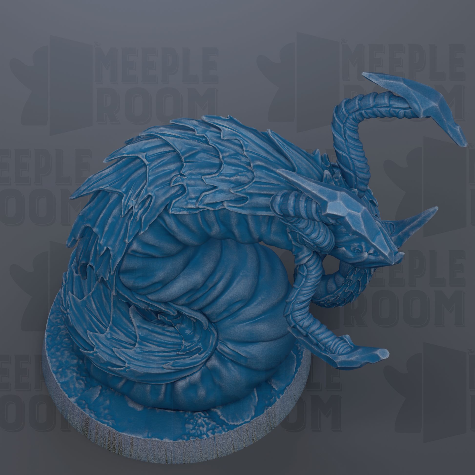 A 3D rendering of a blue, fantastical creature resembling a dragon or serpent, with intricate scales and a coiled body.