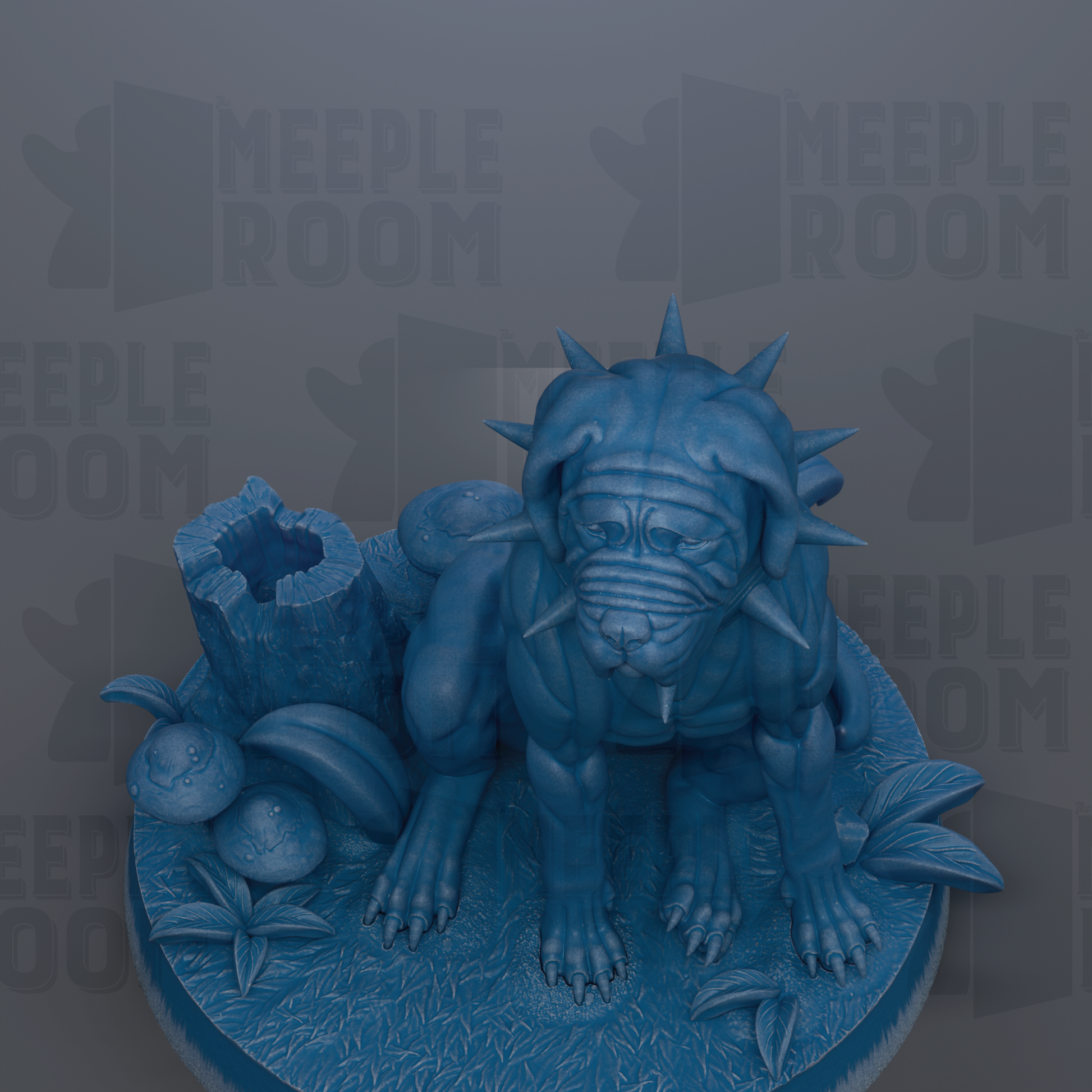 A blue, spiky dog statue is sitting on a base with various objects, including bananas and mushrooms, against a gray background with repeated text.