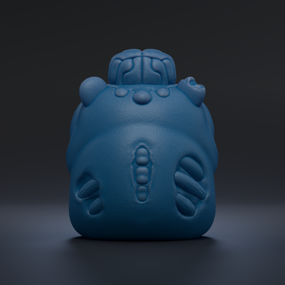 A blue, 3D-rendered object resembling a skull or skull-like figure, with a textured surface and a skull-like head.