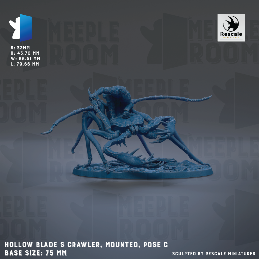The image is a detailed 3D model of a blue, crawling insect-like creature with multiple legs and sharp teeth, mounted on a base. The base size is 75 millimeters. The image is a sculpture by Rescale Miniatures.