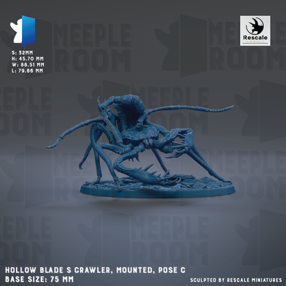 The image is a detailed 3D model of a blue, crawling insect-like creature with multiple legs and sharp teeth, mounted on a base. The base size is 75 millimeters. The image is a sculpture by Rescale Miniatures.