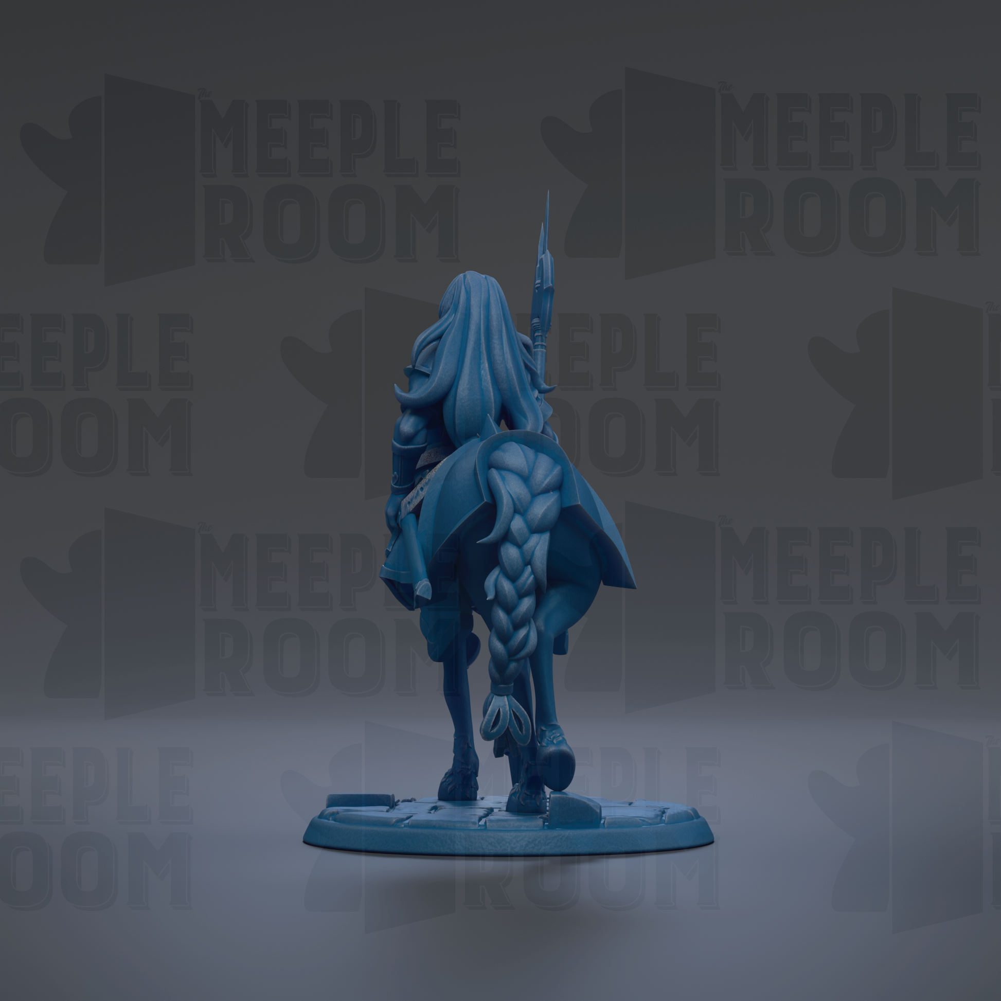 A blue figurine of a person riding a horse, with the text "MEEPLE ROOM" repeated in the background.