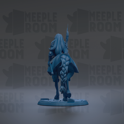 A blue figurine of a person riding a horse, with the text "MEEPLE ROOM" repeated in the background.
