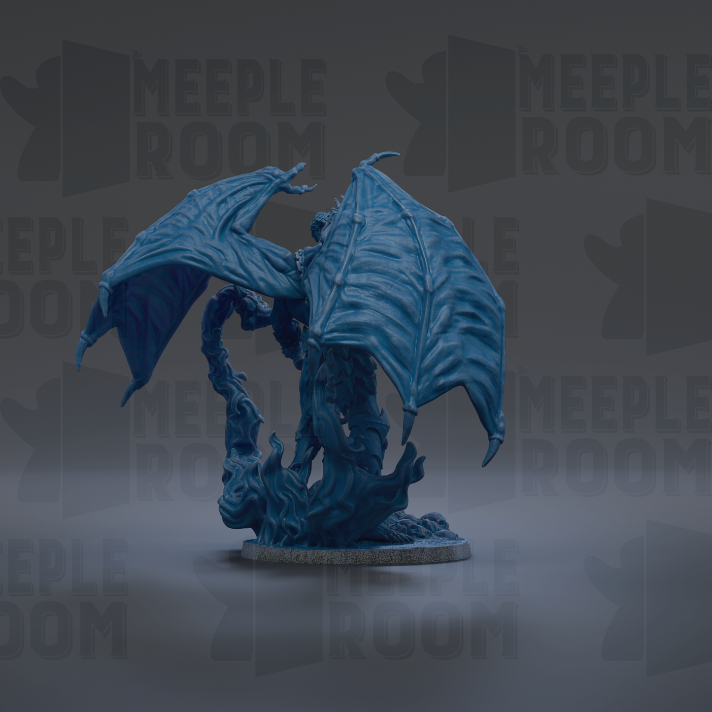 A 3D rendering of a blue dragon-like creature with wings and a tail, standing on a base.