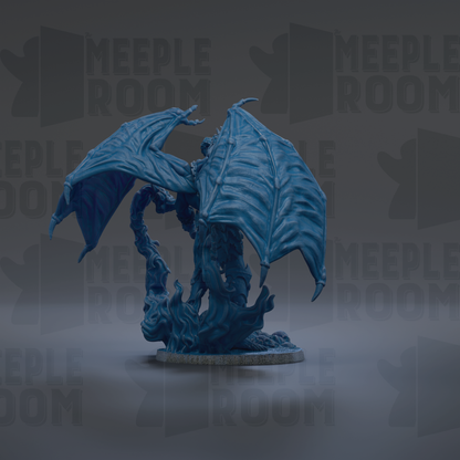 A 3D rendering of a blue dragon-like creature with wings and a tail, standing on a base.
