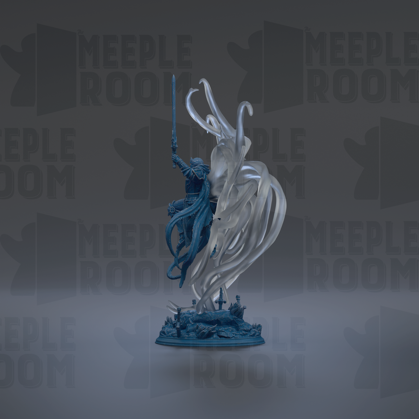 A 3D rendering of a blue and white statue of a figure holding a sword, standing on a base with a skull and crossbones design.