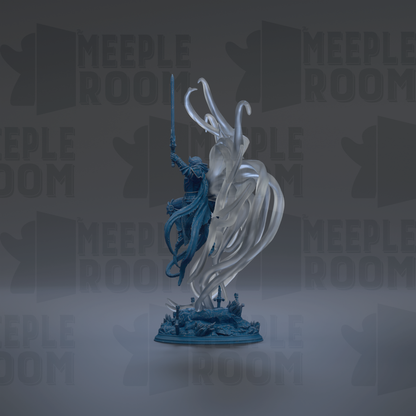 A 3D rendering of a blue and white statue of a figure holding a sword, standing on a base with a skull and crossbones design.