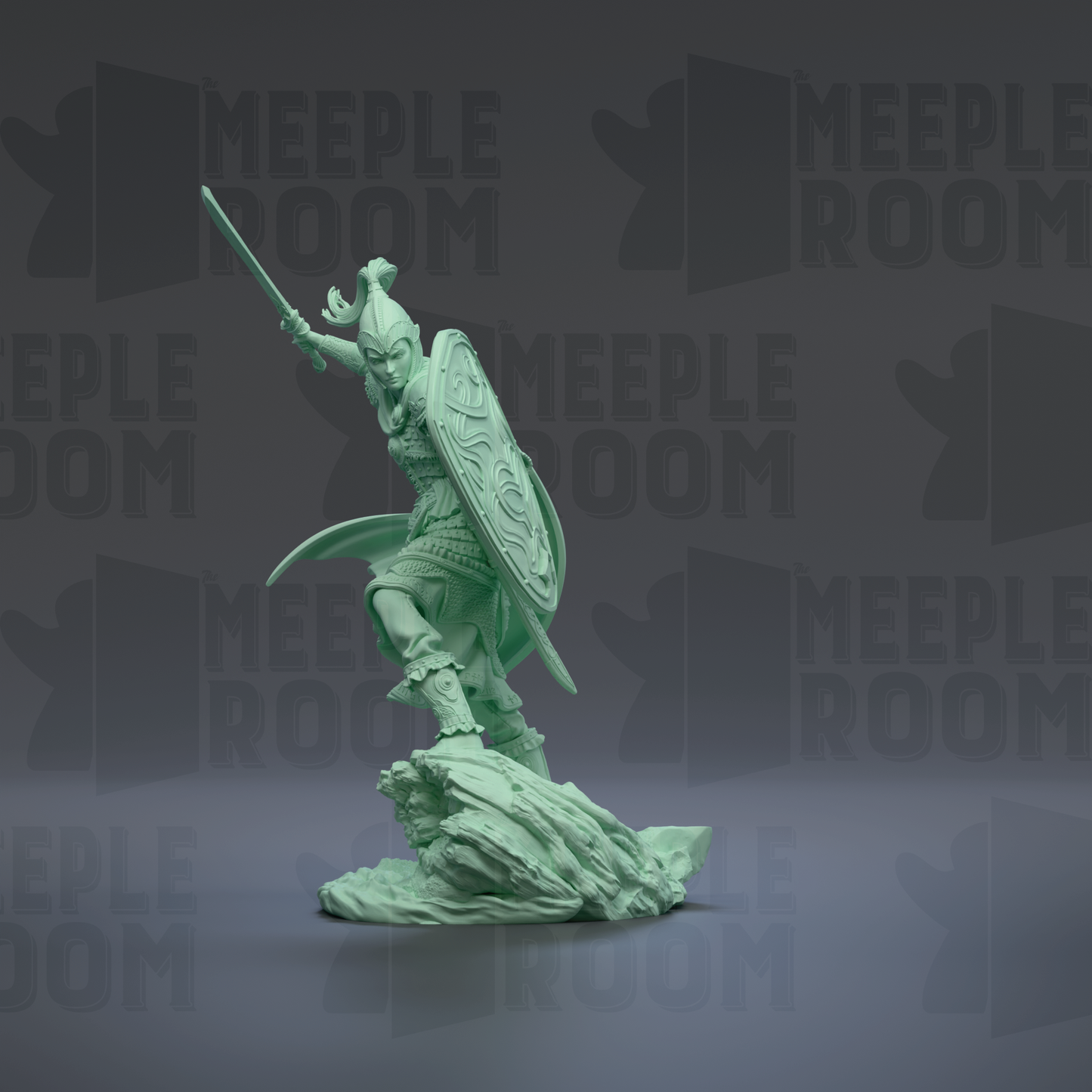 A green figurine of a warrior standing on a rock, holding a shield and sword, against a dark background with repeated "MEIPLE ROOM" text.