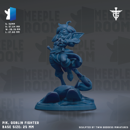 A blue figurine of a fighting dragon-like character, likely a Goblin Fighter, is shown in the image. The figurine is described as a base size of 25mm and is sculpted by Twin Goddess Miniatures.