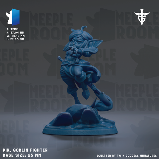 A blue figurine of a fighting dragon-like character, likely a Goblin Fighter, is shown in the image. The figurine is described as a base size of 25mm and is sculpted by Twin Goddess Miniatures.