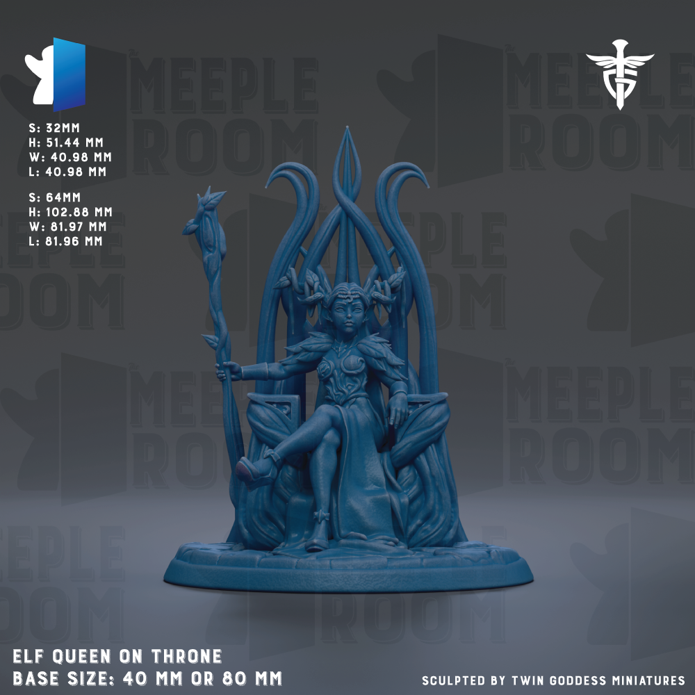 The image is a 3D rendering of an elf queen on a throne, with the queen depicted in a blue color. The background of the image is dark, and there is text providing information about the base size of the statue.