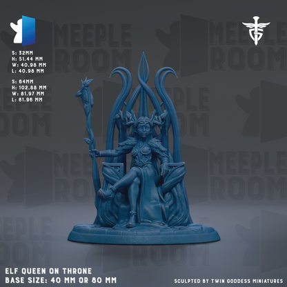 The image is a 3D rendering of an elf queen on a throne, with the queen depicted in a blue color. The background of the image is dark, and there is text providing information about the base size of the statue.