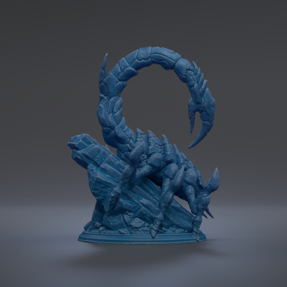 A 3D rendering of a blue, rocky-looking creature resembling a dragon or serpent, with sharp teeth and claws, standing on a rock formation.