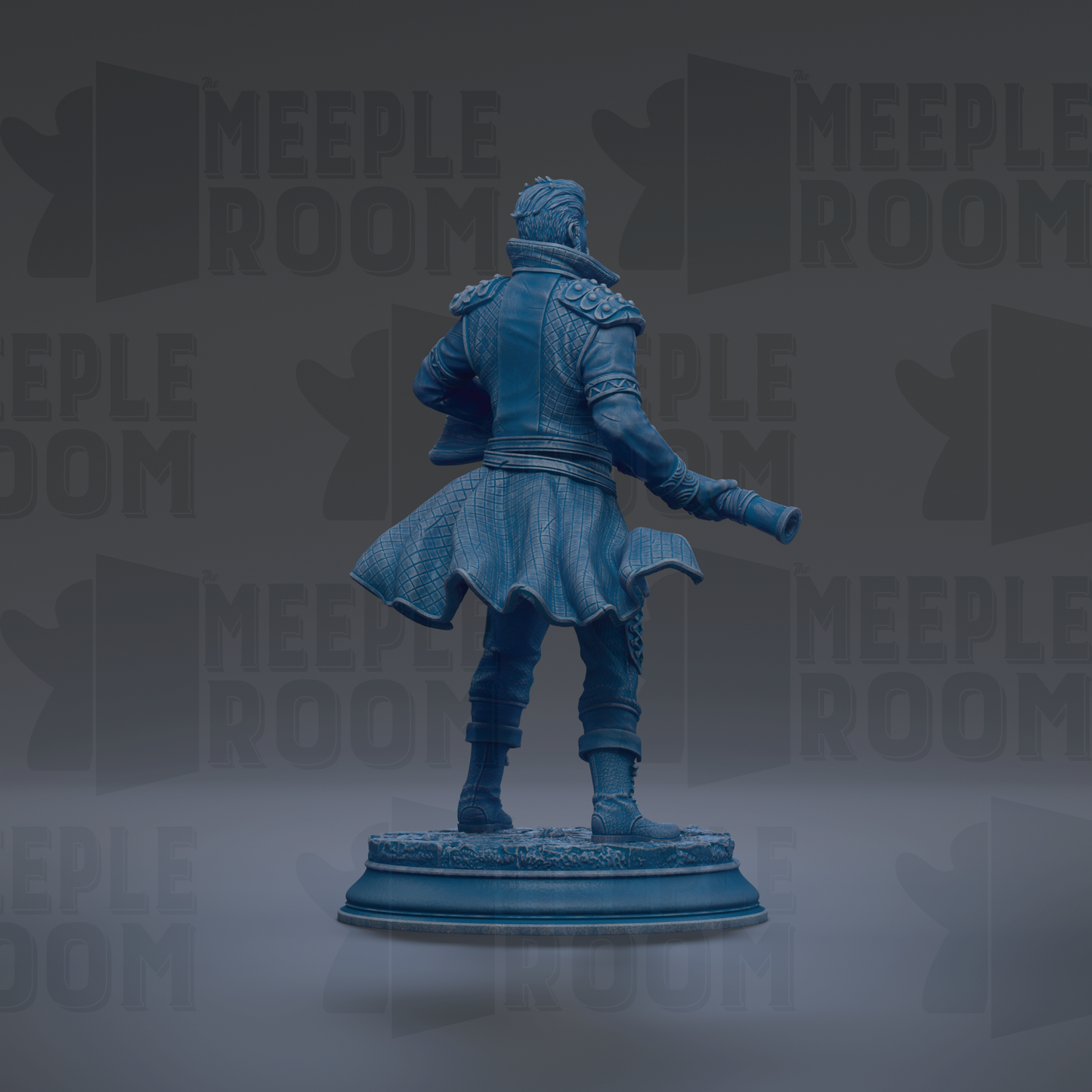 A blue statue of a person standing on a pedestal, with the text "MEUPLE ROOM" repeated in the background.
