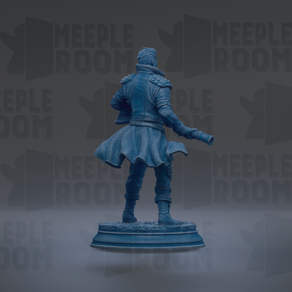 A blue statue of a person standing on a pedestal, with the text "MEUPLE ROOM" repeated in the background.