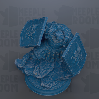 A detailed 3D rendering of a blue armored figure, possibly a warrior or knight, with a shield and sword in hand, set against a dark background with repeated text.