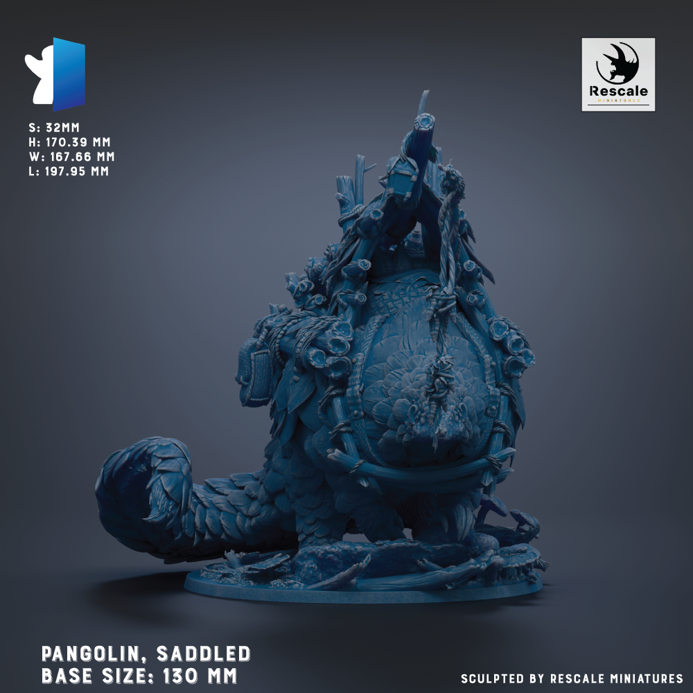 The image is a 3D rendering of a pangolin, a type of lizard, with intricate details and textures. The pangolin is shown in a seated position, with its body covered in scales and its head resting on its tail. The image is described as a "base size: 130 mm" and is "sculpted by rescale miniatures".