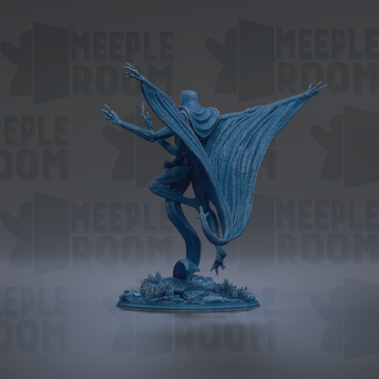 A blue, winged statue of a creature with outstretched arms stands on a base, surrounded by a dark background with repeated text.