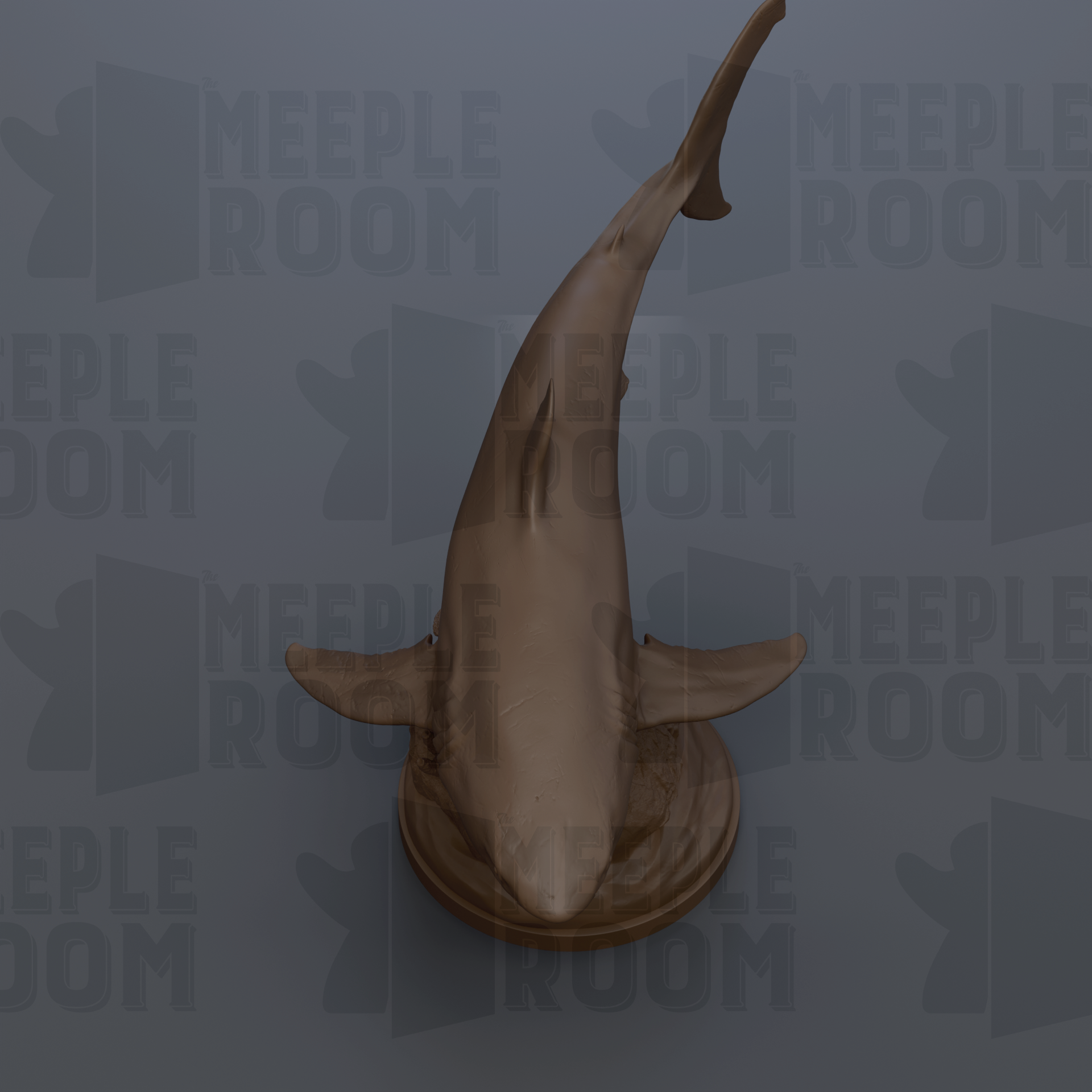A 3D rendering of a shark's head and body, with the text "MEEPLE ROOM" repeated in the background.