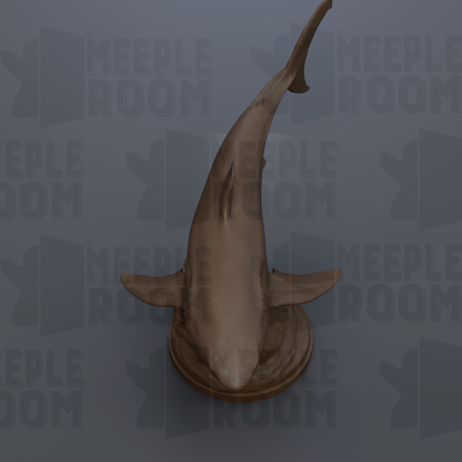 A 3D rendering of a shark's head and body, with the text "MEEPLE ROOM" repeated in the background.