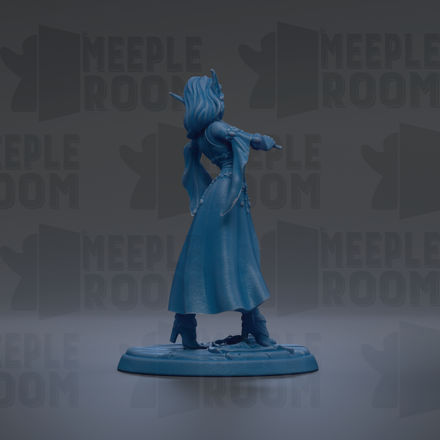 A blue figurine of a woman with long hair and a flowing dress stands on a base against a dark background with repeated text.