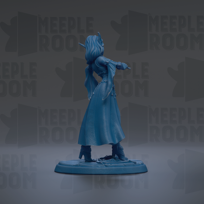 A blue figurine of a woman with long hair and a flowing dress stands on a base against a dark background with repeated text.
