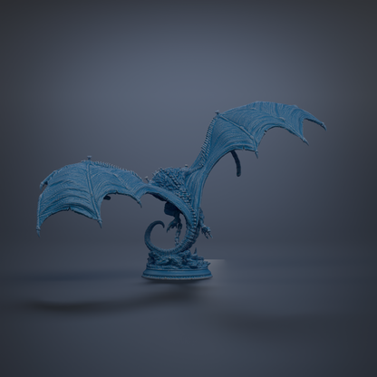 A 3D rendering of a blue dragon statue with outstretched wings, standing on a base.
