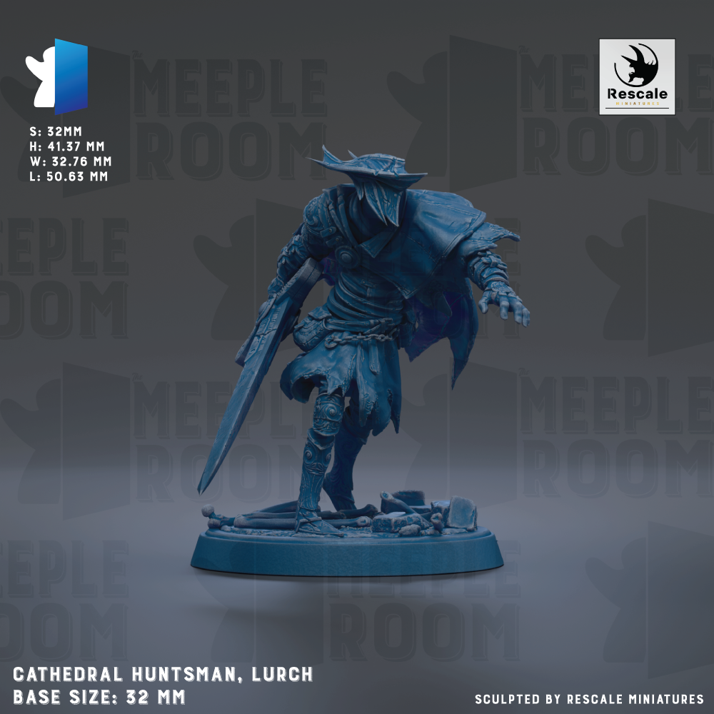 A figurine of a character named Cathedral Huntsman, who is a character from the video game Meeple Room. The figurine is depicted in a dynamic pose, holding a sword and standing on a base. The image is described as a sculpture by Rescale Miniatures, and it is a base size of 22mm.