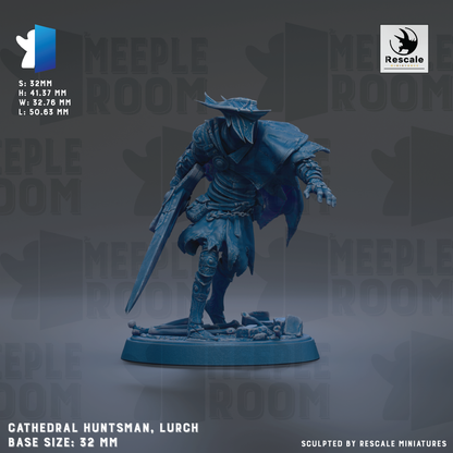 A figurine of a character named Cathedral Huntsman, who is a character from the video game Meeple Room. The figurine is depicted in a dynamic pose, holding a sword and standing on a base. The image is described as a sculpture by Rescale Miniatures, and it is a base size of 22mm.