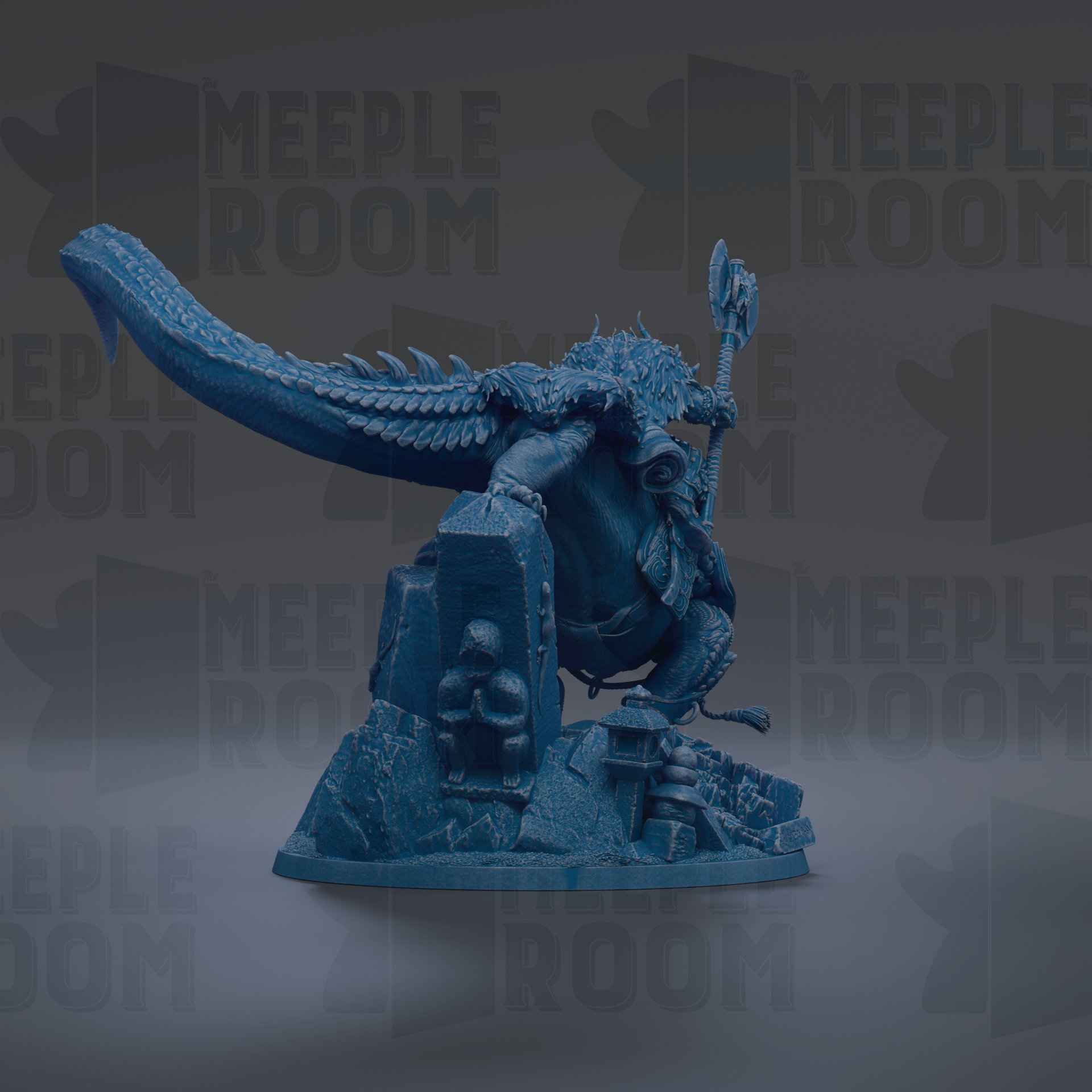 A blue, 3D-rendered statue of a dragon-like creature with a long tail and a staff, standing on a rock formation.