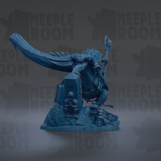 A blue, 3D-rendered statue of a dragon-like creature with a long tail and a staff, standing on a rock formation.