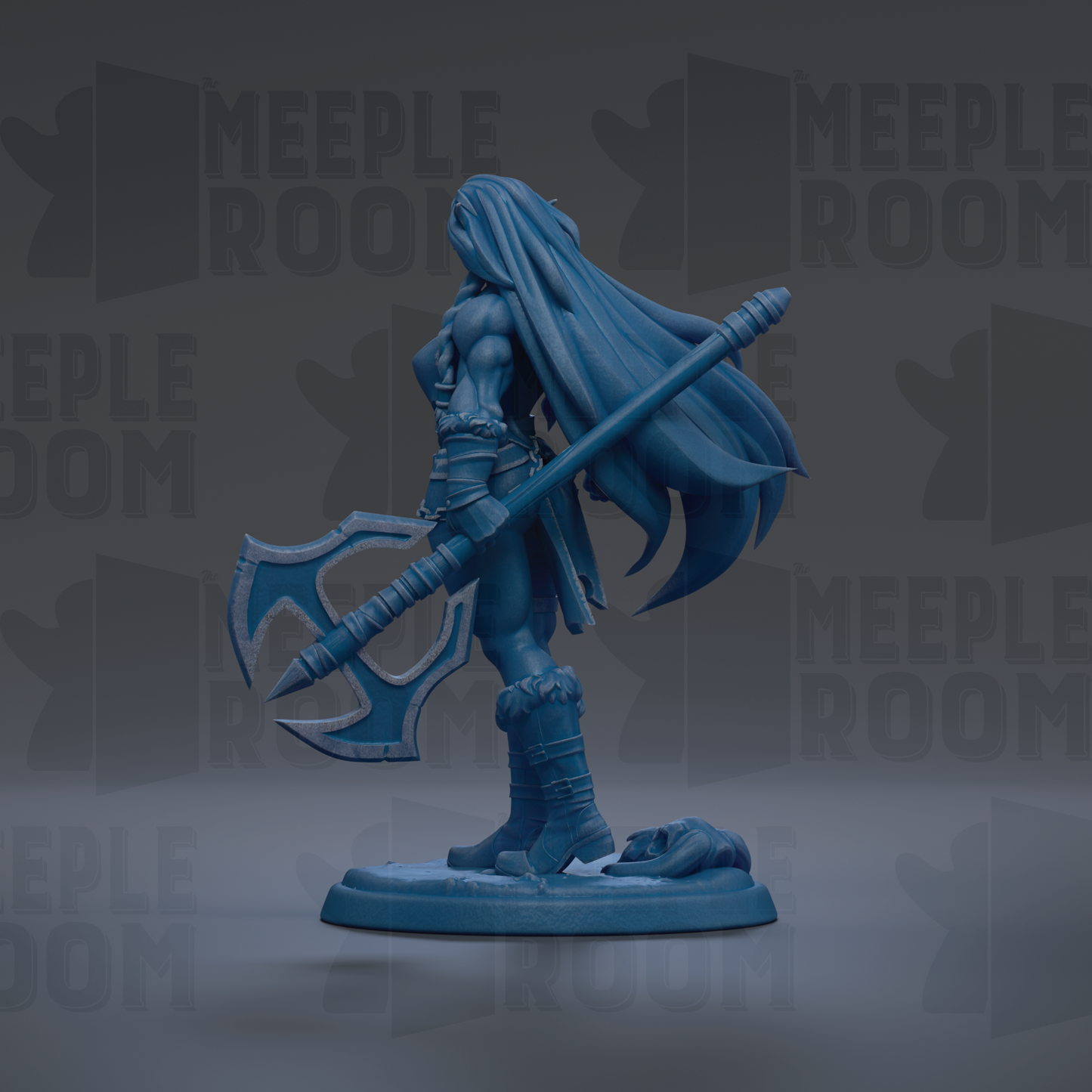 A blue figurine of a warrior standing with a large weapon, possibly a sword or spear, and a long flowing cape.