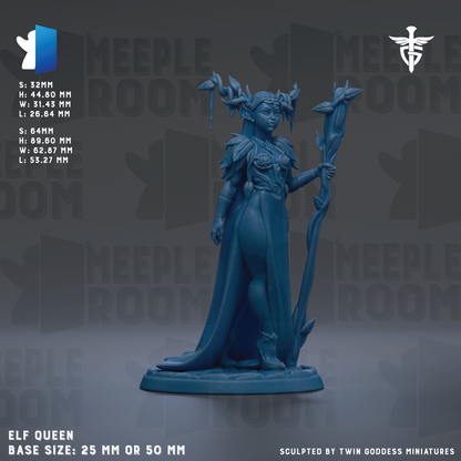 a blue figurine of an elf queen, with a detailed design and intricate details. The figurine is described as a base size of 25 mm or 50 mm, and it is sculpted by Twin Goddess Miniatures. The background of the image is a dark gray color, which contrasts with the blue of the figurine and makes it stand out. The image does not contain any text, and it is a single, cohesive image that focuses on the elf queen statue.