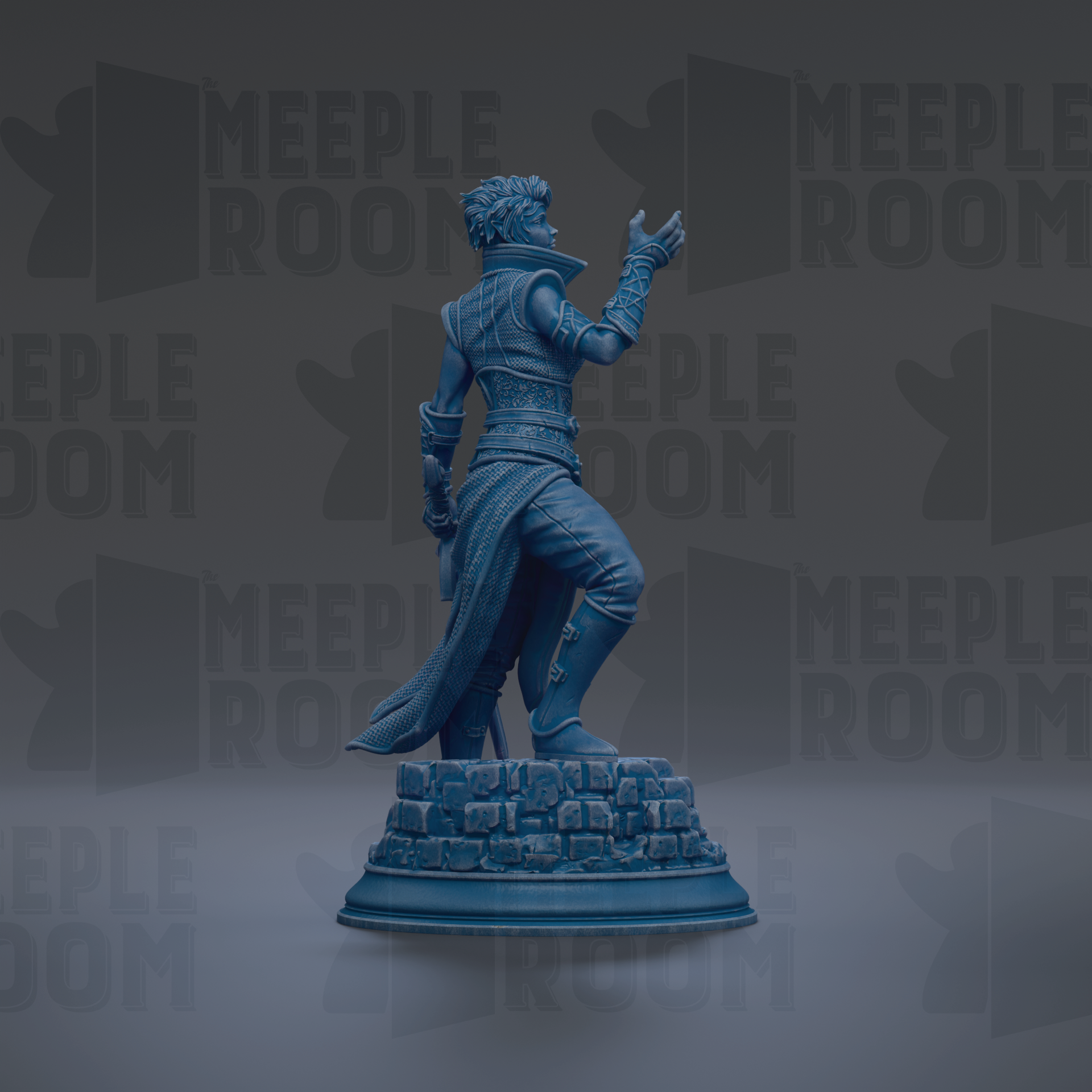 A figurine of a female character, likely a half-elf, posed with a sword and standing on a pedestal. The figurine is described as "Karisia of Timberly, Half-elf Hexblade, Pose No Magic" and has a base size of either 25mm or 60mm. The image is a collage of various images, and the phrase "Sculpted by DM Stash" is mentioned at the bottom.