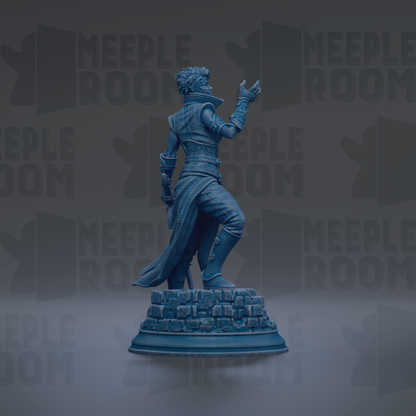 A figurine of a female character, likely a half-elf, posed with a sword and standing on a pedestal. The figurine is described as "Karisia of Timberly, Half-elf Hexblade, Pose No Magic" and has a base size of either 25mm or 60mm. The image is a collage of various images, and the phrase "Sculpted by DM Stash" is mentioned at the bottom.