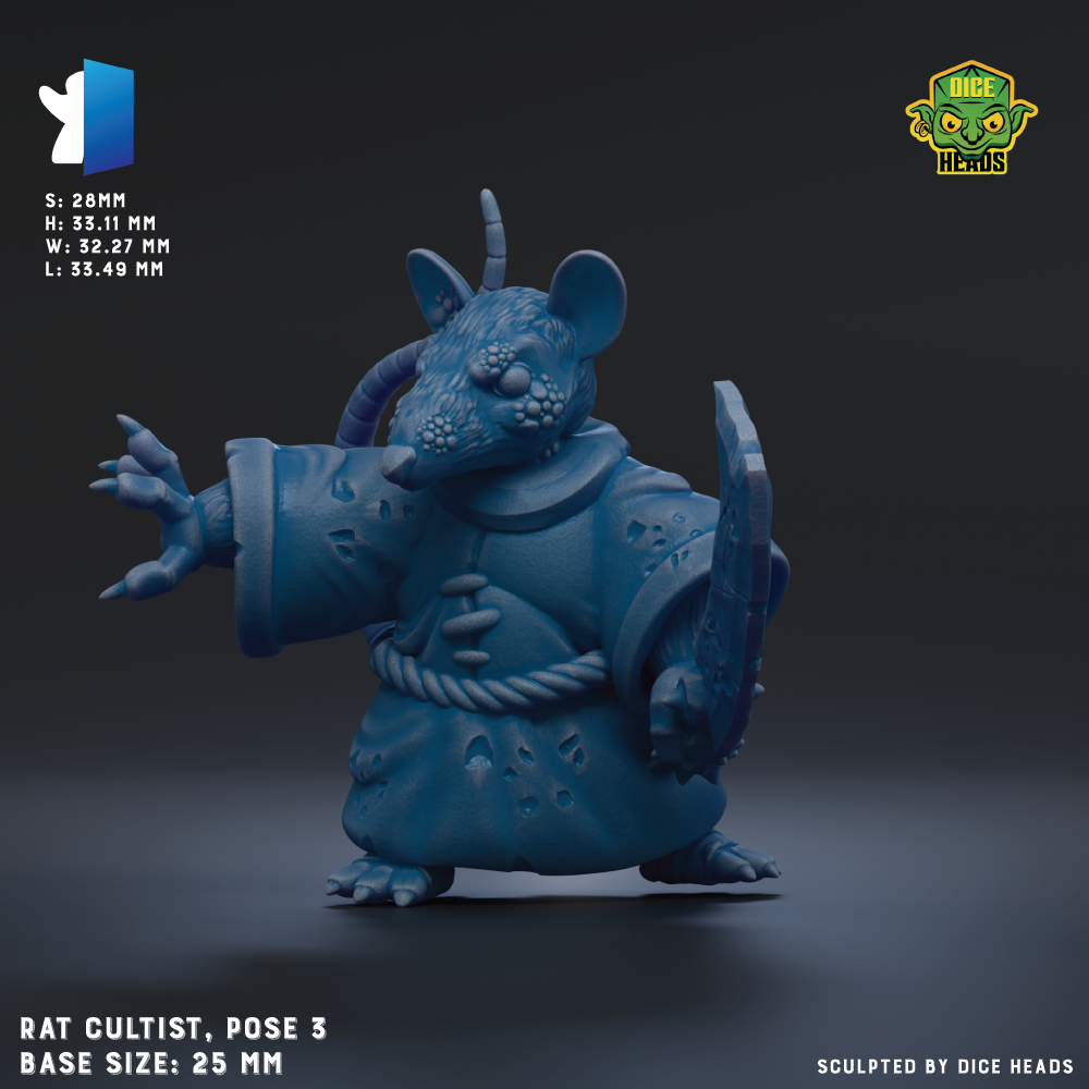 The image is a 3D rendering of a blue rat-like creature, possibly a rat cultist or a character from a video game. The creature is posed in a dynamic, fighting stance, with its arms outstretched and holding a weapon. The image is labeled with the name "RAT CULTIST, pose 3" and the base size of the figure is 25mm.
