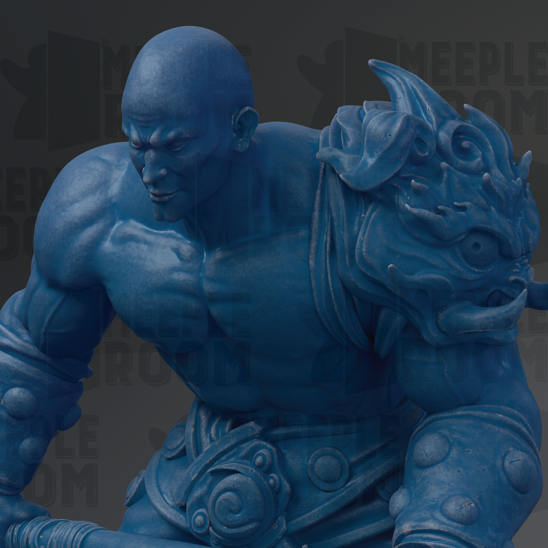 A close-up view of a blue, sculpted figure with a fierce expression, holding a weapon.