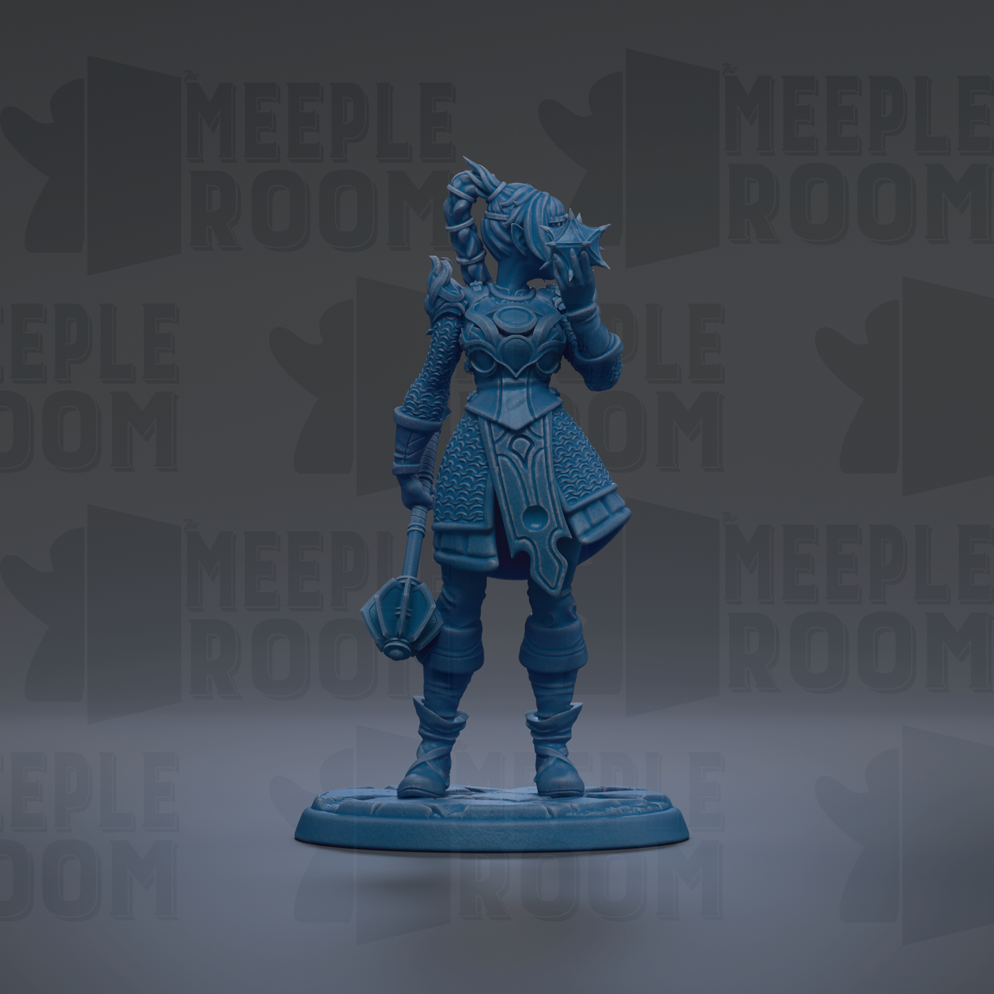A blue figurine of a female character with a sword and shield stands against a dark background with repeated text.