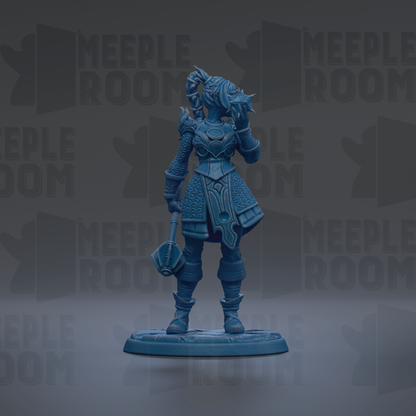 A blue figurine of a female character with a sword and shield stands against a dark background with repeated text.