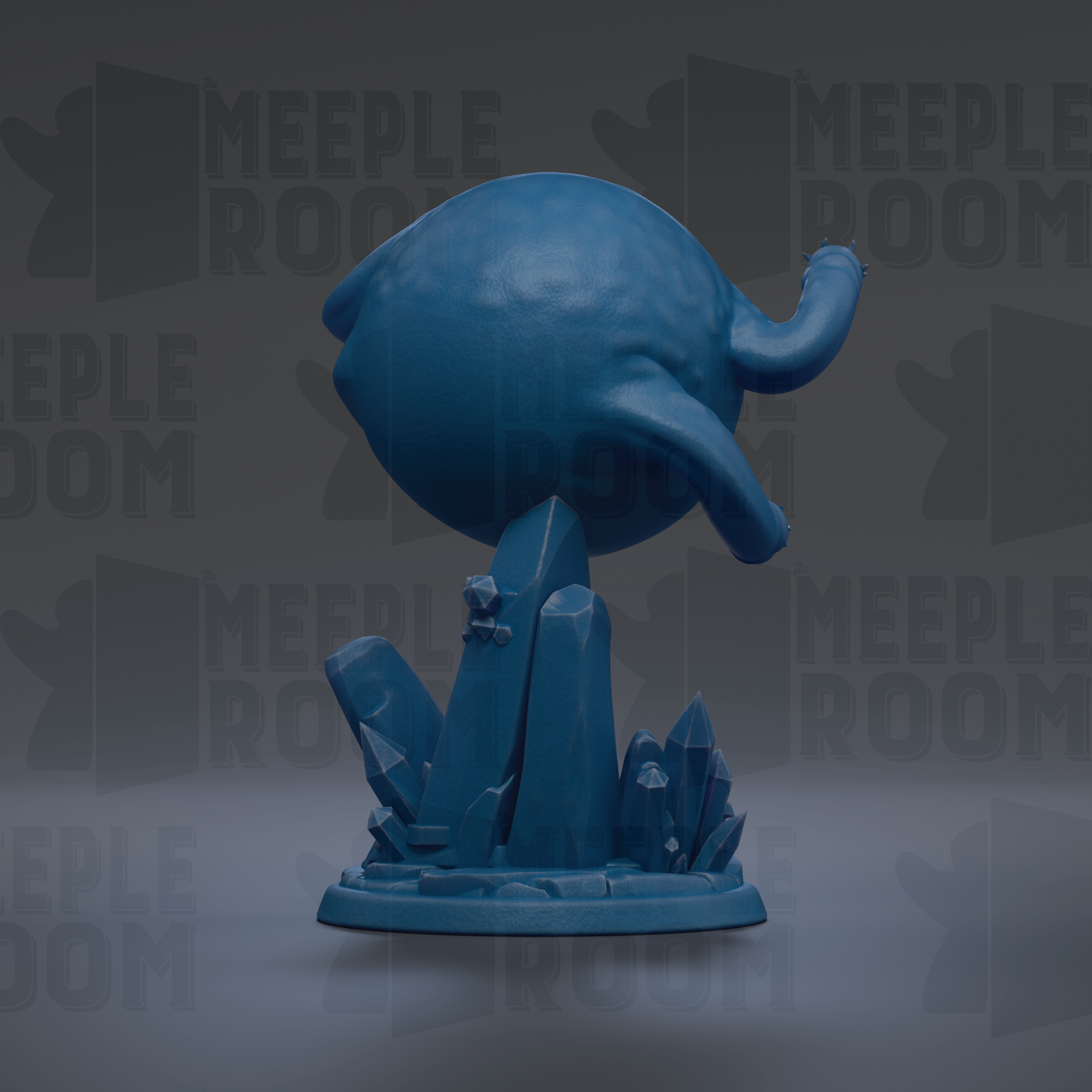 A blue, spherical object with a curved, elongated shape is displayed against a dark background with repeated text.