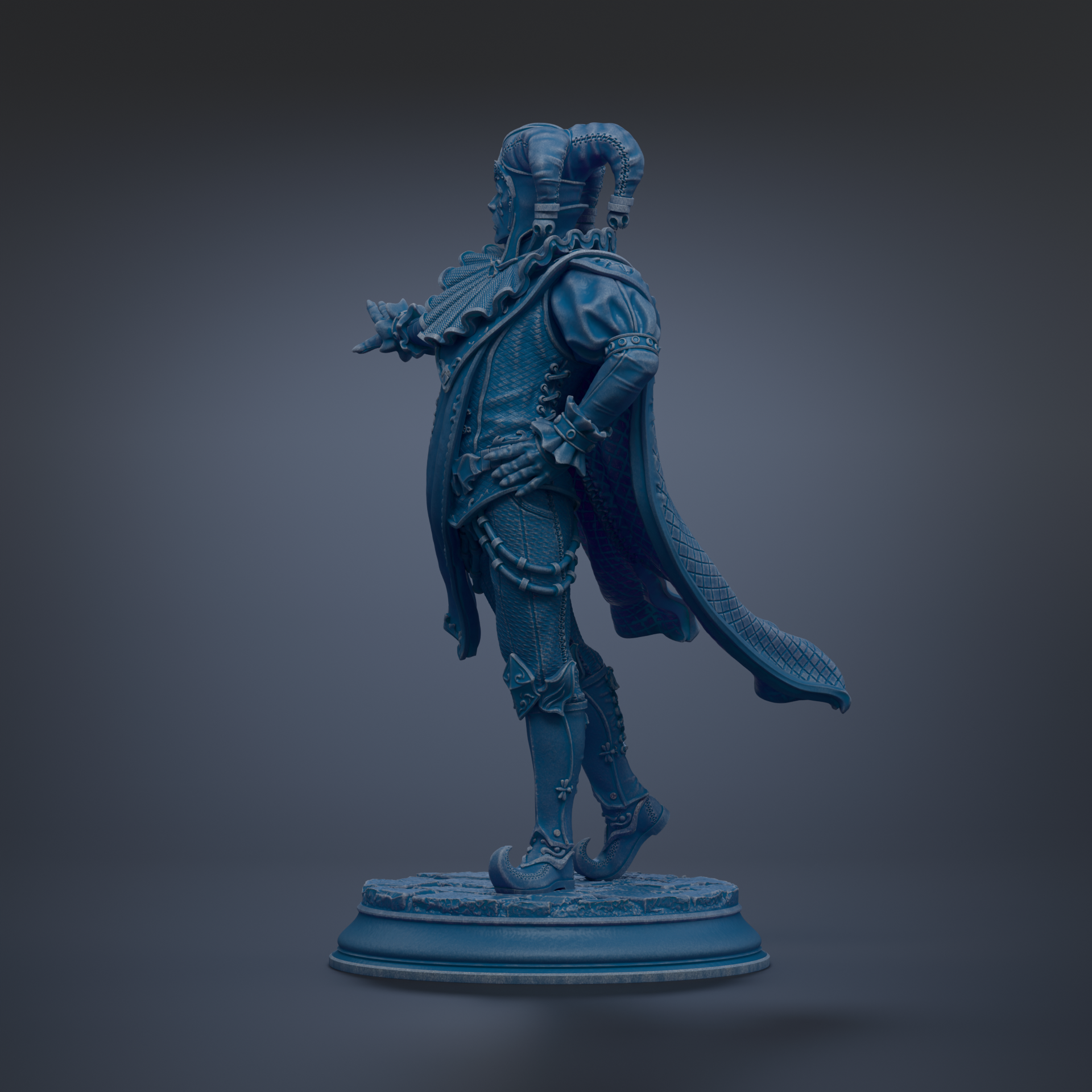 A blue statue of a figure with horns and a flowing cape, standing on a pedestal against a dark background.