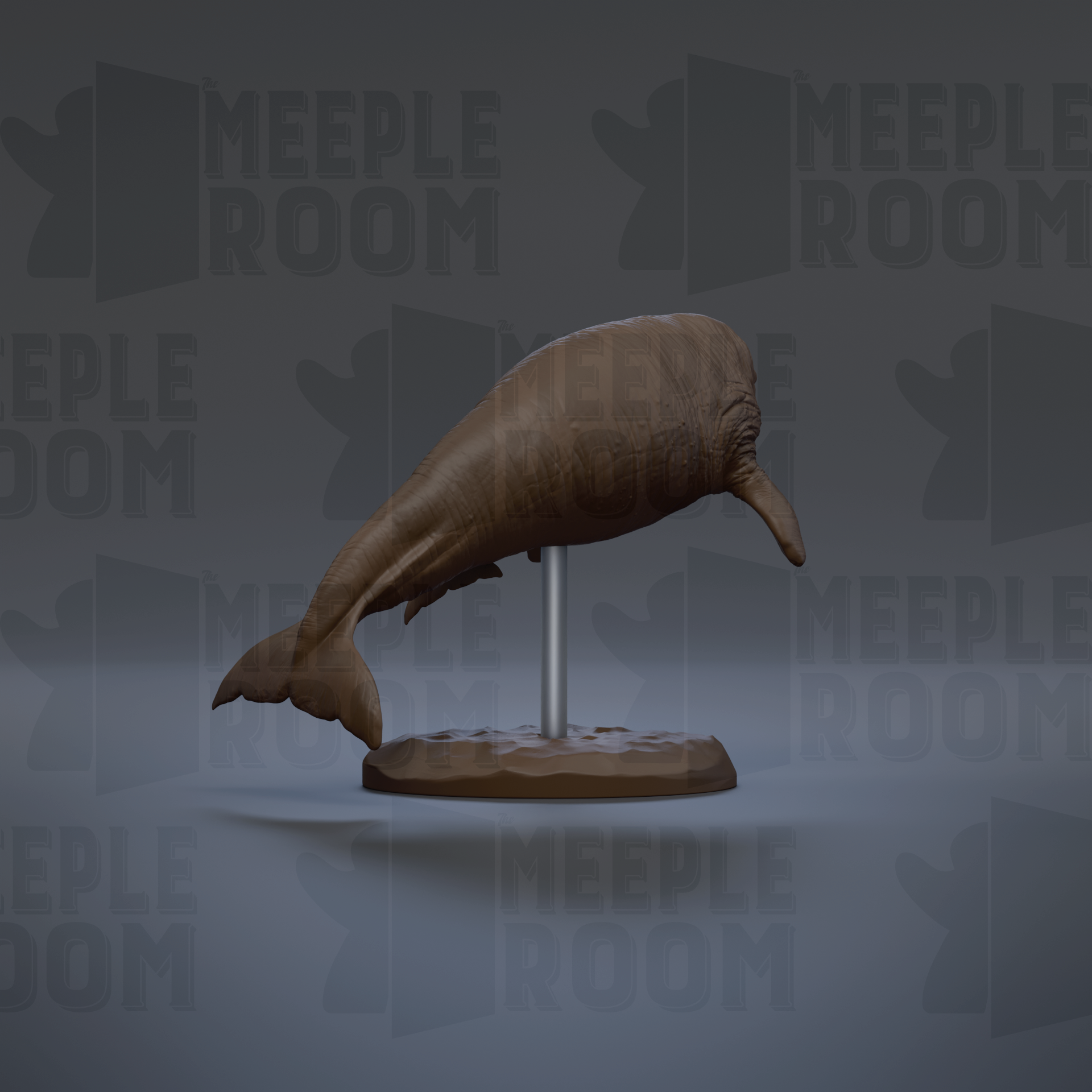 A 3D rendering of a wooden model of a dolphin or whale, displayed on a stand against a gray background with repeated text.