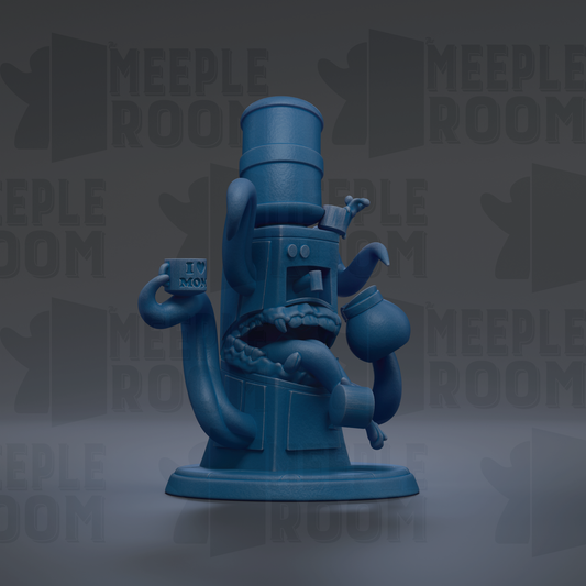 A blue, cartoonish figurine with a large head and various mechanical parts, including a cup and a teapot, is depicted in the image.