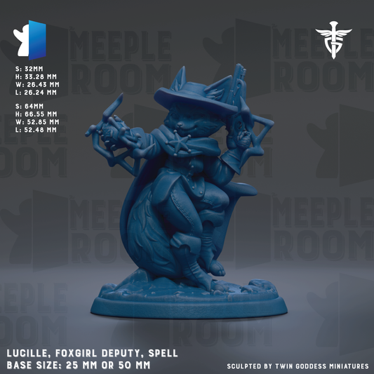 A figurine of a fox girl, a character from the video game Meeple Room, is depicted in the image. The figurine is shown in a dynamic pose, with the fox girl holding a bow and arrow. The image is described as a "base size: 25mm or 50mm" and is "sculpted by Twin Goddess Miniatures".