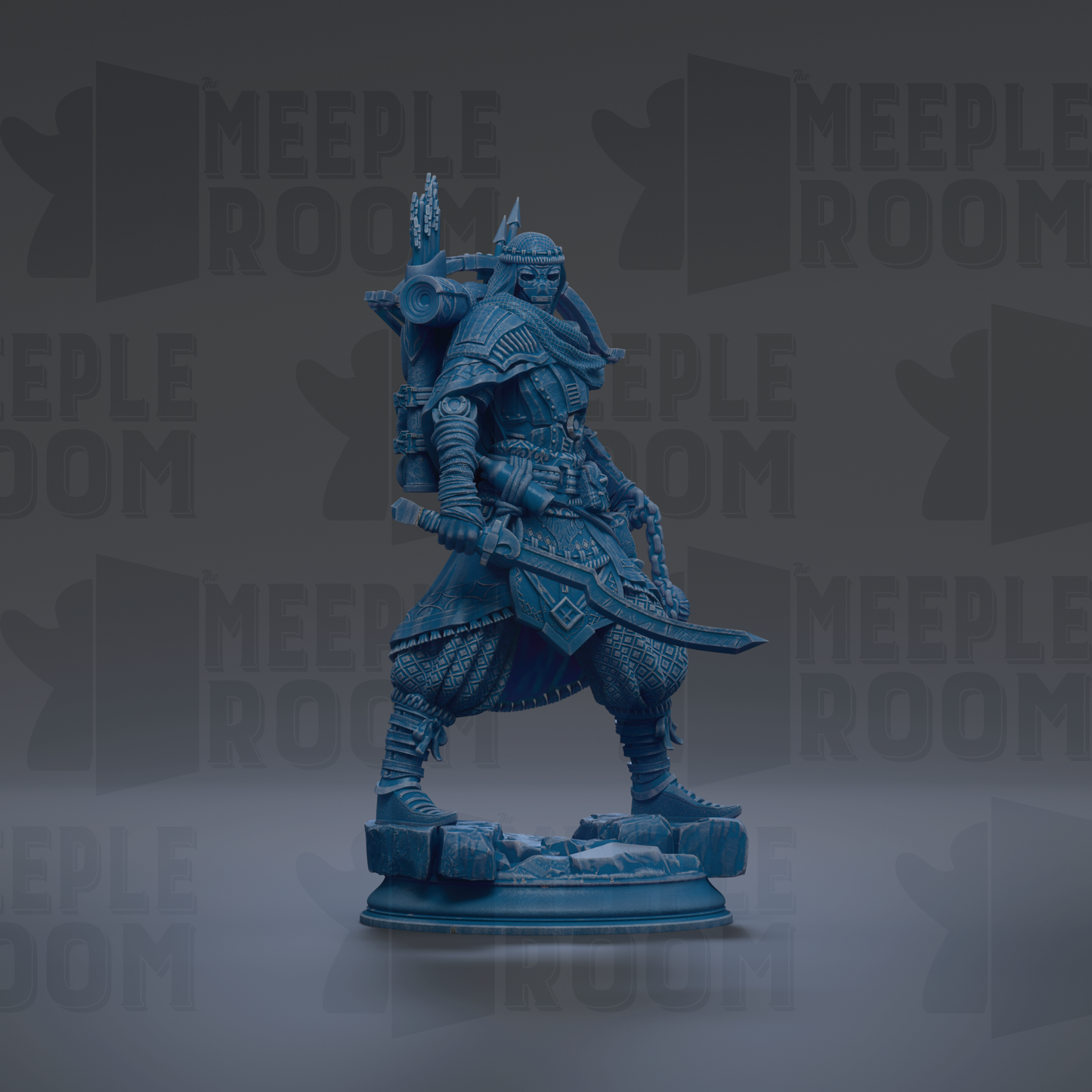A blue figurine of a warrior standing on a base, holding a sword and shield, against a dark background with repeated text.