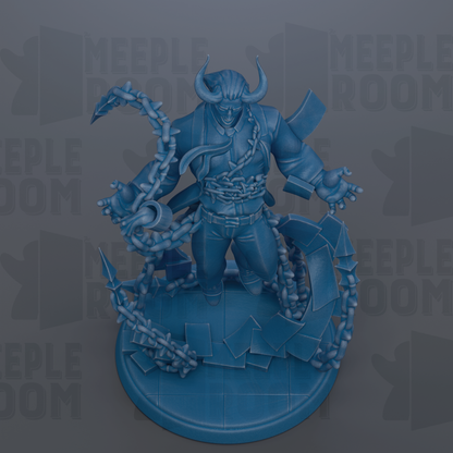 A 3D rendering of a blue, fantastical character with horns and a chain around its neck, standing on a platform.