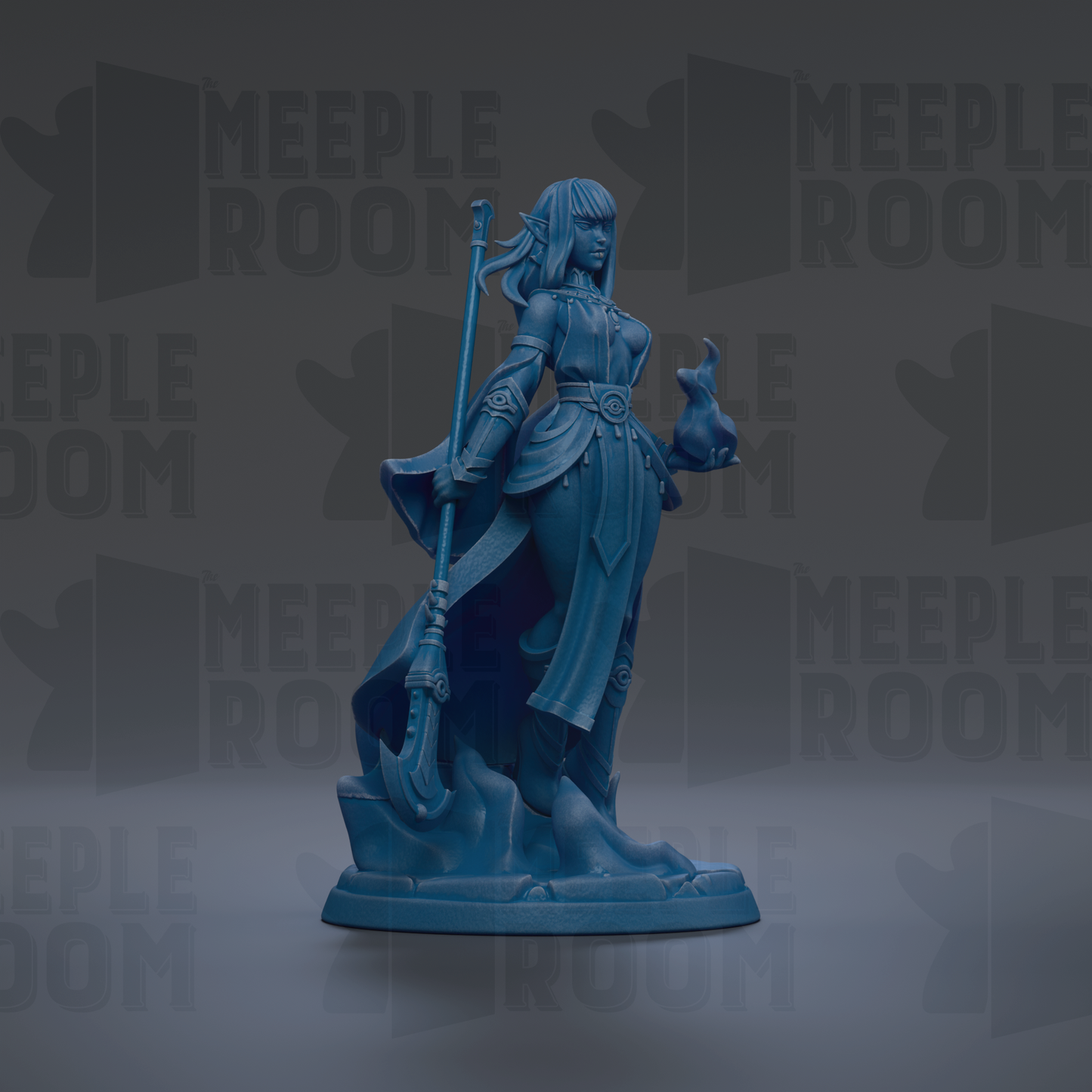 A blue figurine of a woman with long hair and a flowing robe, holding a staff and a small object, is the central focus of the image.