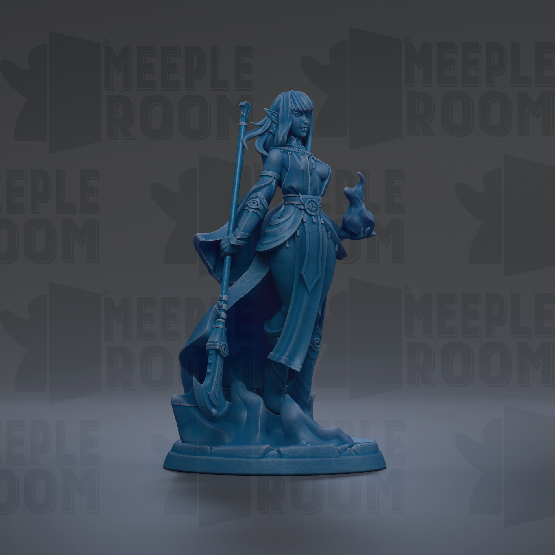 A blue figurine of a woman with long hair and a flowing robe, holding a staff and a small object, is the central focus of the image.